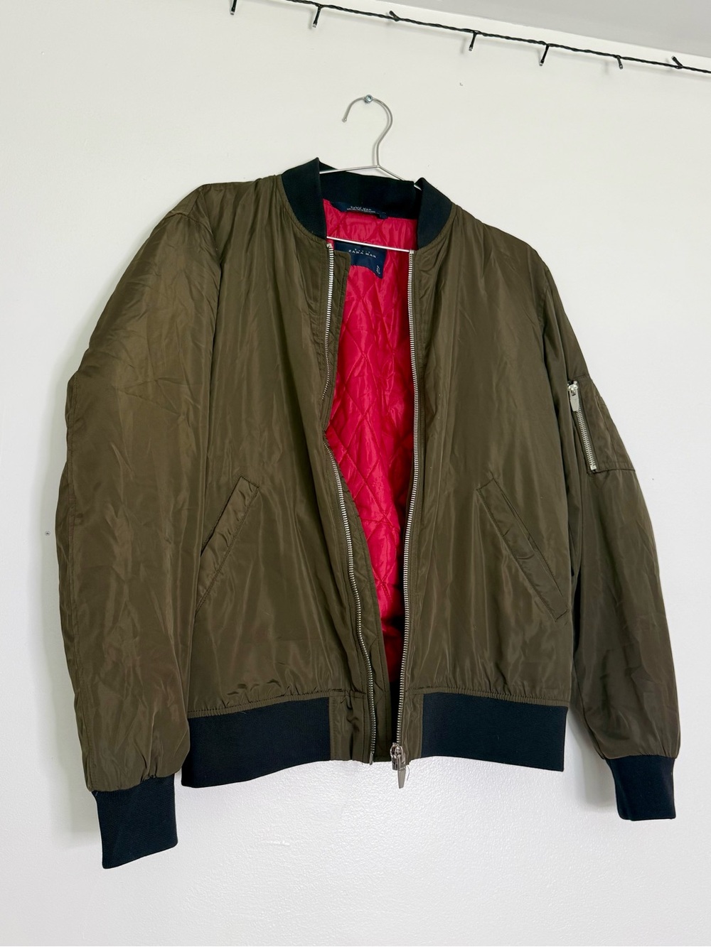Zara Olive Green Bomber Jacket with Red Quilted Lining - Men